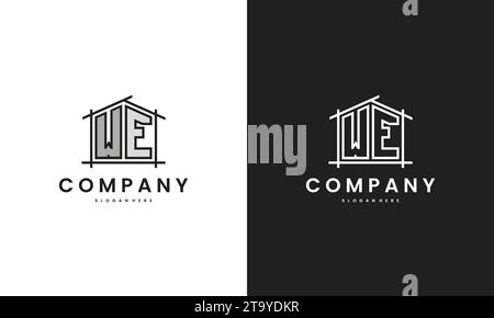 Logo iniziale WE Home con elemento creativo della casa in un modello di design vettoriale in stile line art. Illustrazione Vettoriale