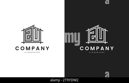 Logo iniziale ZU home con elemento creativo della casa nel modello di design vettoriale in stile line art. Illustrazione Vettoriale