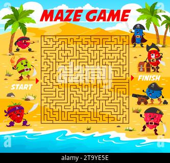 Labirinto per bambini. Aiuta i pirati e i corsari a trovare amici. Foglio di lavoro vettoriale del puzzle a labirinto con cowberry, mieli, rosehip e fragola, spina, mirtillo e personaggio pirata Illustrazione Vettoriale