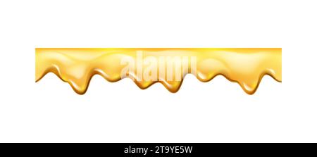 Gocciolamento di caramello zuccherino o condimento, miele di fusione isolato con gocce. idromele o succo vettoriale, essenza di olio appiccicosa con goccioline, spruzzi di liquido sciroppo d'acero Illustrazione Vettoriale