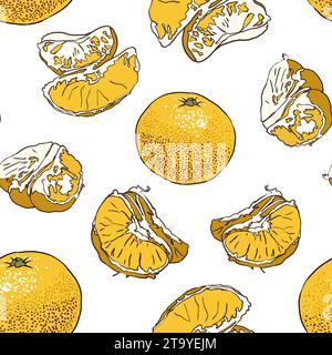 Ripetizione senza cuciture con tangerino. Disegno fatto a mano di frutti di mandarino mandarini arancio su sfondo bianco. Design astratto moderno per carta e copertina Foto Stock