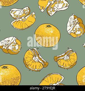Ripetizione senza cuciture con tangerino. Disegno fatto a mano di frutti di mandarino mandarini arancio su sfondo colorato. Design astratto moderno per la carta, cov Foto Stock