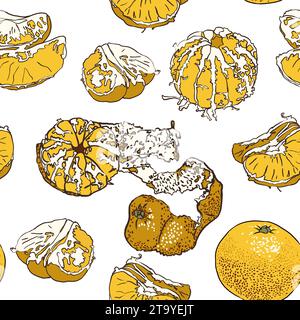 Ripetizione senza cuciture con tangerino. Disegno fatto a mano di frutti di mandarino mandarini arancio su sfondo bianco. Design astratto moderno per carta e copertina Foto Stock