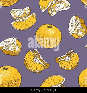 Ripetizione senza cuciture con tangerino. Disegno fatto a mano di frutti di mandarino mandarini arancio su sfondo colorato. Design astratto moderno per la carta, cov Foto Stock