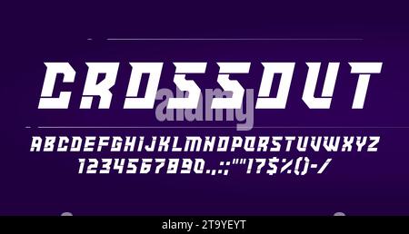 Font per giochi sportivi, tipo sportivo. Caratteri nitidi, alfabeto inglese in grassetto. Lettere e numeri ABC inglesi, caratteri sportivi moderni, simboli numerici vettoriali e di punteggiatura o numeri alfabetici e numeri Illustrazione Vettoriale