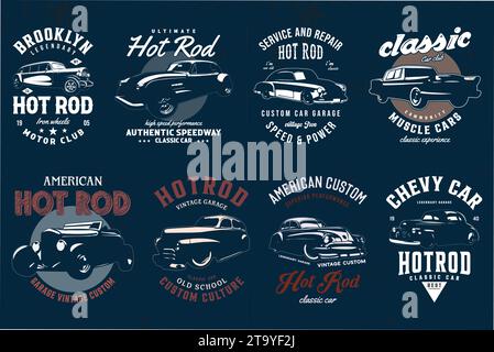 Pacchetto HotRod Car T-shirt Designs. T-shirt American Classic Cars grafica vettoriale. Illustrazione Vettoriale