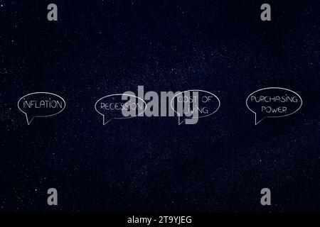 La recessione dell'inflazione il costo della vita e il potere d'acquisto testi in fumetti fianco a fianco Foto Stock