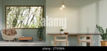 Soggiorno minimalista e accogliente con tavolo e divano singolo con grande finestra. rendering 3d, illustrazione 3d. Foto Stock