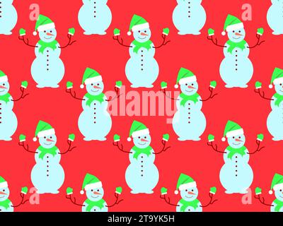 Modello senza cuciture con pupazzi di neve in cappello, sciarpa e guanti. Sfondo natalizio invernale con pupazzo di neve a tre palle. Design natalizio per carta da imballaggio, striscioni Illustrazione Vettoriale