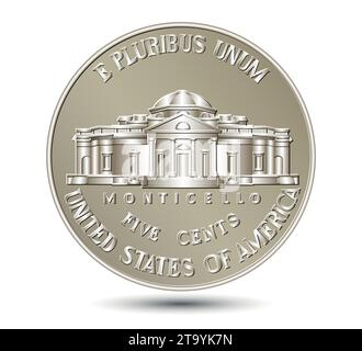 Moneta americana, moneta da cinque centesimi con il terzo presidente degli Stati Uniti Thomas Jefferson. Illustrazione vettoriale. Illustrazione Vettoriale