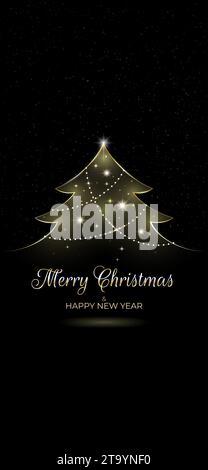 Buon natale e felice anno nuovo sfondo, biglietto d'auguri. Albero di natale dorato. Design per invito, biglietto d'auguri, sfondo. Oro lucido. Holid Illustrazione Vettoriale