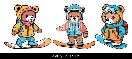 Set di simpatici orsacchiotti per snowboard arte vettoriale. Illustrazione Vettoriale