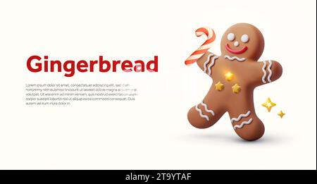 Un simpatico uomo di pan di zenzero in 3d con in mano una lattina di caramelle, con effetto brillante, isolato su sfondo bianco. Icona uomo Gingerbread. Banner natalizio o modello di landing page. illustrazione vettoriale 3d. Illustrazione vettoriale Illustrazione Vettoriale