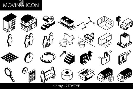 Trovare una stanza in una proprietà in affitto: Set di icone mobili (isometriche), illustrazione vettoriale Illustrazione Vettoriale