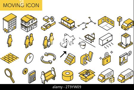 Trovare una stanza in una proprietà in affitto: Set di icone mobili (isometriche), illustrazione vettoriale Illustrazione Vettoriale