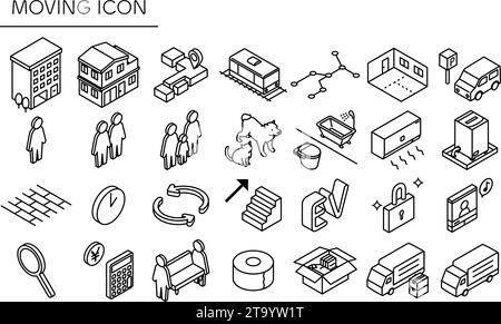 Trovare una stanza in una proprietà in affitto: Set di icone mobili (isometriche), illustrazione vettoriale Illustrazione Vettoriale