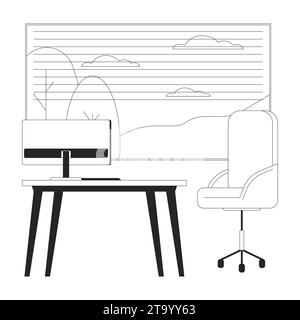 Confortevole oggetto cartoni animati 2D in bianco e nero sul posto di lavoro Illustrazione Vettoriale