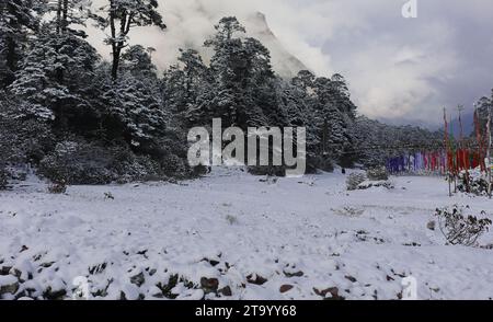 splendida valle innevata di lachung vicino alla valle di yumthang nella stagione invernale, la panoramica valle montuosa dell'himalaya si trova nel sikkim settentrionale, india Foto Stock