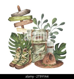 Oggetti da campeggio acquerello set di simboli avventura turistica all'aperto camper borsa, sedia, stivali, cappello, foglie tropicali. Isolato su bianco. v ca di traslazione attiva Foto Stock