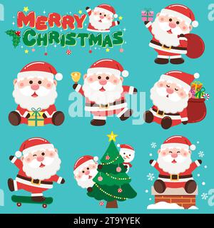 Una deliziosa illustrazione in stile cartoni animati con diverse versioni di Babbo Natale in varie attività festive. Illustrazione Vettoriale