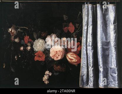 Flower Still-Life with Curtain 1658 di Adrian Van Der Spelt Foto Stock