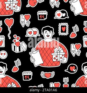 Motivo romantico di san valentino senza cuciture. Uomo con dono, simboli amore, segni, cuori e frecce su sfondo nero. Illustrazione vettoriale. Design festivo per Illustrazione Vettoriale