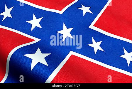 primo piano dell'illustrazione che sventola la bandiera confederata degli stati nazionali d'america noi, tessuto simbolo americano Foto Stock