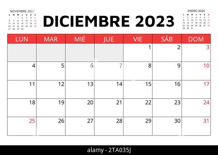 Dicembre 2023 calendario spagnolo. Illustrazione vettoriale. Pianificazione mensile per la tua azienda in Spagna Illustrazione Vettoriale