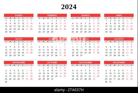 calendario spagnolo 2024. Semplice illustrazione del modello vettoriale in Spagna. Orizzontale. Pianifica il tuo anno Illustrazione Vettoriale