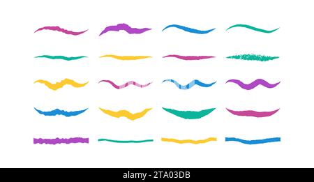 Il set di Swoosh e Swoops colorati sottolinea le forme tipografiche della coda. Pennello disegnato spesso striscio curvo. Spavento riccio disegnato a mano, cigno, strizzacchio, twiddle. Illustrazione Vettoriale