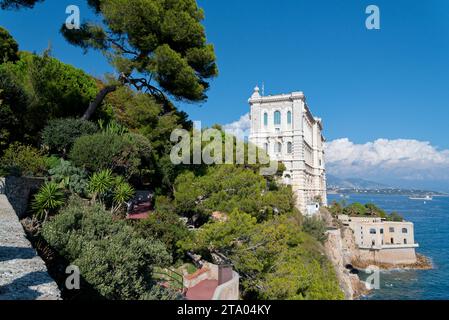 principauté de Monaco, vue sur le Port depuis la Place du palais, musée océanographique et le quartier de fontvieille depuis le jardin exotique Foto Stock