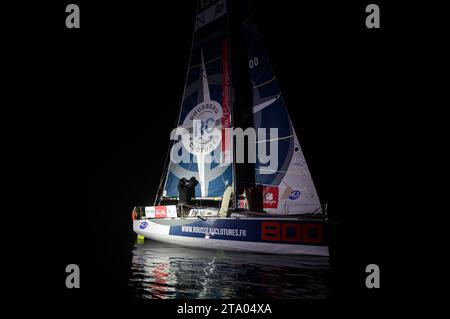 Erwan le Mene, Rousseau Clotures finendo 4° della categoria proto della 2° tappa in 14 giorni, 17 ore, 04 minuti e 15 secondi durante l'arrivo della Mini Transat la Boulangere 2019, classe 6,50 regata tra la Rochelle - Las Palmas de Gran Canaria - le Marin, da le Marin, Francia il 17 novembre 2019 - foto Olivier Blanchet / DPPI Foto Stock