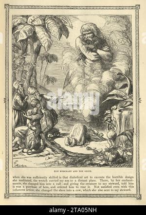 Illustrazione d'epoca One Thousand One Nights, Merchant and the Genie, Arabian, Middle Eastern FolkTales, dei Fratelli Dalziel Foto Stock