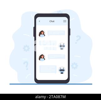 Concetto di chatbot. Donna che parla con il robot sullo schermo dello smartphone. Assistente aziendale AI. Assistenza clienti online e domande frequenti. Intelligenza artificiale Illustrazione Vettoriale