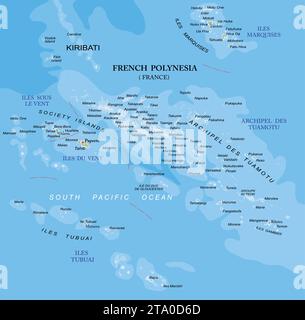 Mappa fisica altamente dettagliata della Polinesia francese in formato vettoriale, con tutte le forme di rilievo, le regioni e le grandi città. Illustrazione Vettoriale