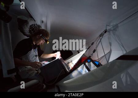 Skipper francese Francois Gabart a bordo dell'IMOCA MACIF training per la Route du Rhum al largo di Port la Foret, Bretagna, il 19 luglio 2014 - foto Olivier Blanchet / DPPI Foto Stock