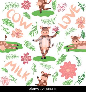 Mucca danzante nel prato grazioso motivo senza cuciture, spruzzi di latte e l'iscrizione latte, mucca, amore. Modello piatto per tessuti, design di imballaggio Illustrazione Vettoriale