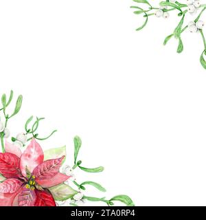 Cornice di rami sempreverdi di Poinsettia e Mistletoe con foglie e bacche bianche. Acquerello illustrazione botanica disegnata a mano del simbolo di Natale Foto Stock