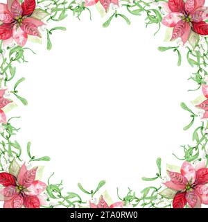 Cornice di rami sempreverdi di Poinsettia e Mistletoe con foglie e bacche bianche. Acquerello illustrazione botanica disegnata a mano del simbolo di Natale Foto Stock