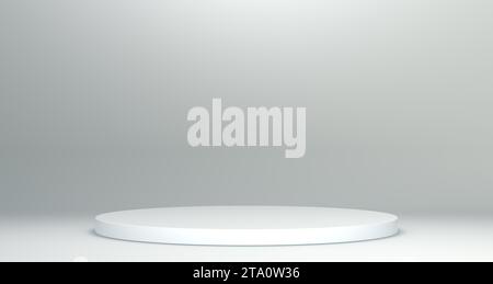 Podio bianco sottile a forma di cerchio con ombra per concetto di prodotto su sfondo grigio tenue Studio . Concetto minimo. Rappresentazione 3D. Foto Stock