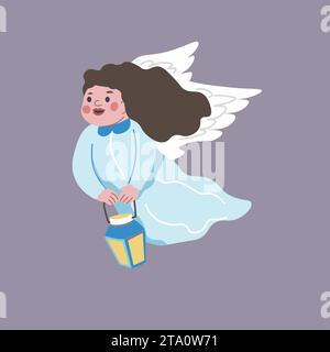 Bambina angelica con ali e lanterna luminosa Illustrazione Vettoriale