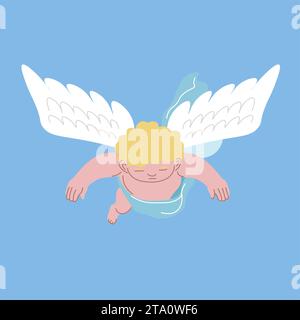 Cupido vestito in abito celeste che vola in paradiso Illustrazione Vettoriale