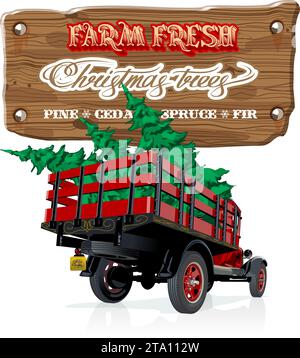 Cartello Vector vintage con albero di Natale su un camion rosso. Poster retrò degli alberi di Natale freschi della fattoria. Formato eps-10 disponibile separato da gruppi e la Illustrazione Vettoriale