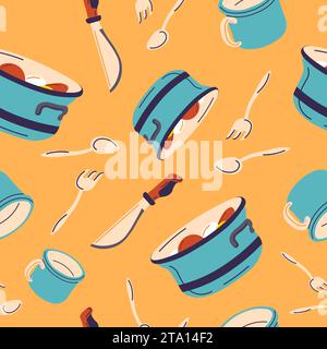 Padella con prodotti, posate per la cottura di stampe Illustrazione Vettoriale