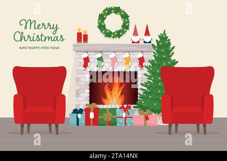 Interni accoglienti con caminetto classico, poltrone, confezioni regalo, piccolo albero di Natale. Illustrazione del vettore piatto Illustrazione Vettoriale