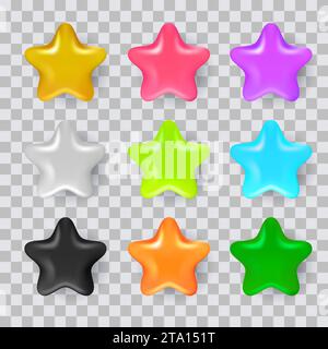 Set di stelle 3d colorate e realistiche. Collezione di elementi di design in plastica lucida Vector. Forma a stella multicolore, isolata su sfondo trasparente Illustrazione Vettoriale