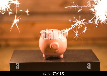 Salvadanaio risparmiatori sorridenti risparmi felici Foto Stock