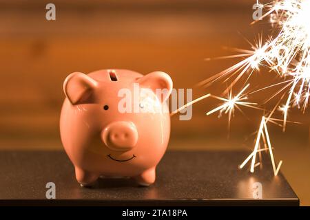 Salvadanaio risparmiatori sorridenti risparmi felici Foto Stock