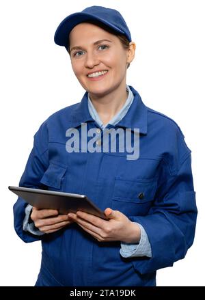 Donna isolata con un tablet digitale. Servizio, operaio, ingegnere. Foto Stock