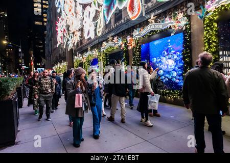 Migliaia di visitatori affollano Saks Fifth Avenue a New York per vedere la loro vetrina natalizia famosa in tutto il mondo e la collaborazione di Saks con Dior per il loro spettacolo di luci, mercoledì 22 novembre 2023 (© Richard B. Levine) Foto Stock